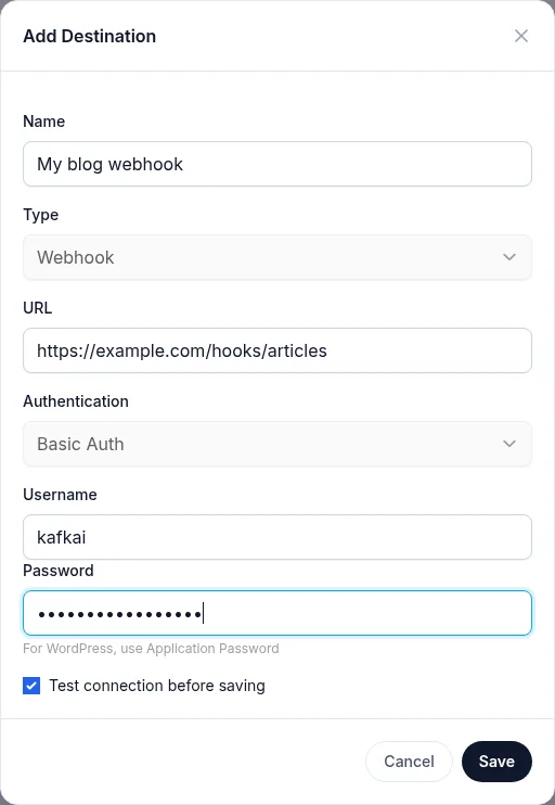 The Add Destination form with Type set to Webhook, Authentication set to Basic Auth, the Username and Password fields filled in, and Test connection before saving selected