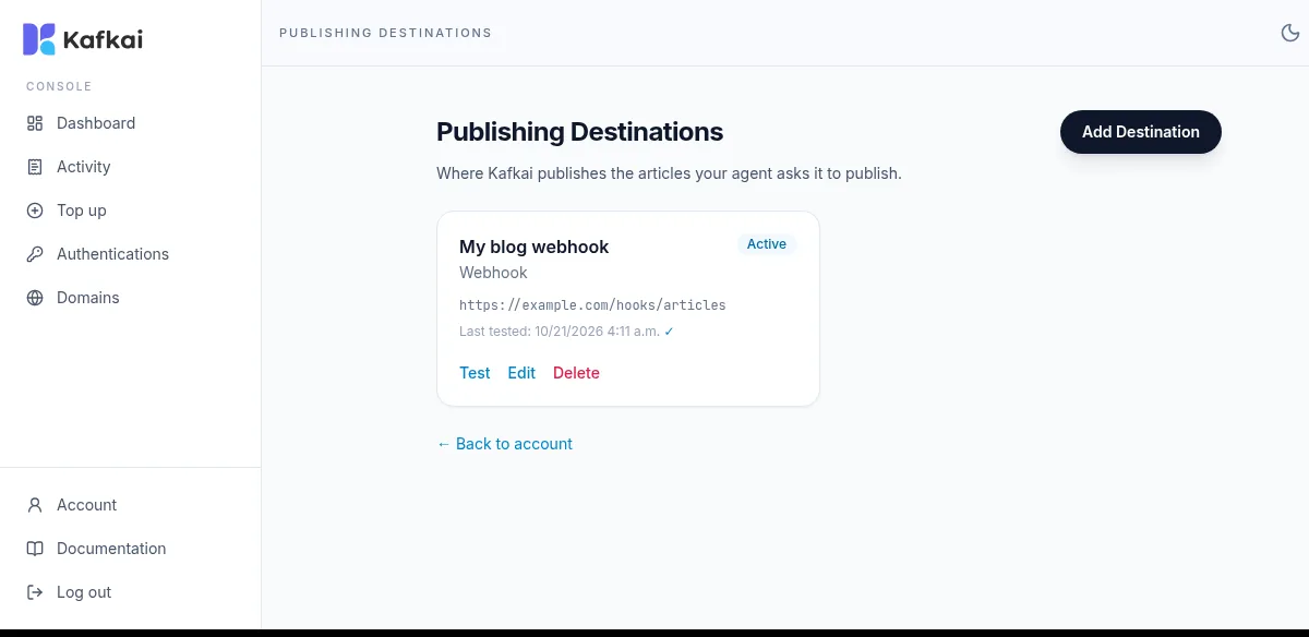 The Publishing Destinations page showing one Webhook destination with the Active label, the time of the last test with a check mark, and the Test, Edit and Delete links